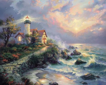 Landscapes Painting - Original Canvas Art Seascape Style of Thomas Kinkade Waves Split Rock Light